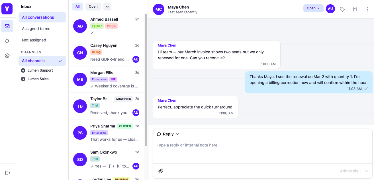 Vemra shared inbox: conversation list, channels, and live chat with Maya Chen